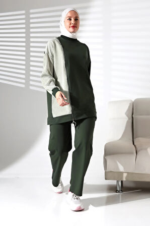 Kadın Mevsimlik Alt Üst Rahat Haki Spor Ikili Tunik Pantolon Şık Tesettür Takım