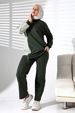 Kadın Mevsimlik Alt Üst Rahat Haki Spor Ikili Tunik Pantolon Şık Tesettür Takım