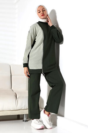 Kadın Mevsimlik Alt Üst Rahat Haki Spor Ikili Tunik Pantolon Şık Tesettür Takım