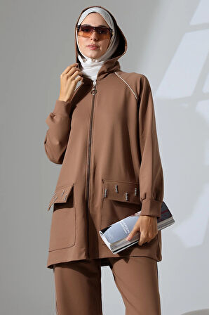 Kadın Kahverengi Mevsimlik Penye Alt Üst Spor Ve Rahat Ikili Tunik Pantolon Şık Tesettür Takım