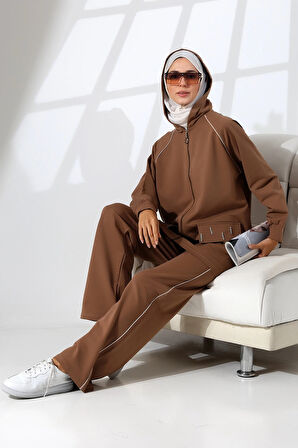 Kadın Kahverengi Mevsimlik Penye Alt Üst Spor Ve Rahat Ikili Tunik Pantolon Şık Tesettür Takım