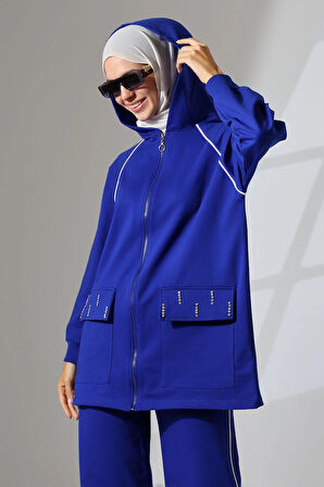 Kadın Saks Mavisi Mevsimlik Penye Alt Üst Spor Ve Rahat Ikili Tunik Pantolon Şık Tesettür Takım