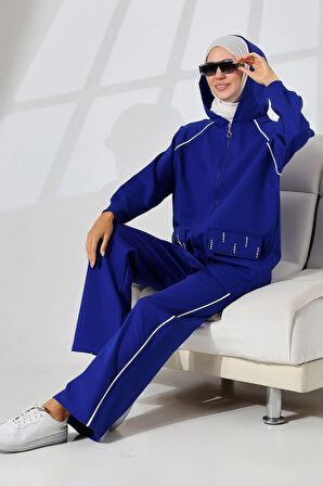 Kadın Saks Mavisi Mevsimlik Penye Alt Üst Spor Ve Rahat Ikili Tunik Pantolon Şık Tesettür Takım