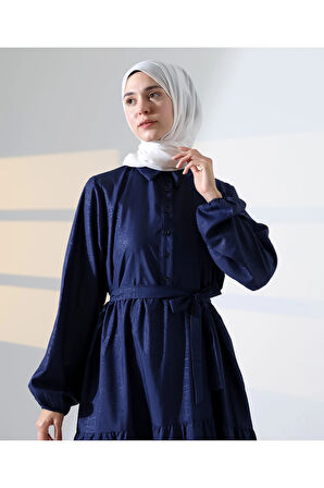 Kadın 100% Pamuk Viskon Desenli Lacivert Tesettür Elbise