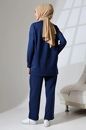 Kadın Lacivert Mevsimlik Penye Alt Üst Spor Ve Rahat Ikili Tunik Pantolon Şık Tesettür Takım