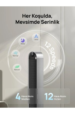 DREO Tower Fan 714S Akıllı Kule Tipi Vantilatör, 12 Hızlı, 25dB Sessiz Fan, 120° Salınımlı, WiFi ve Uygulama Kontrollü Siyah