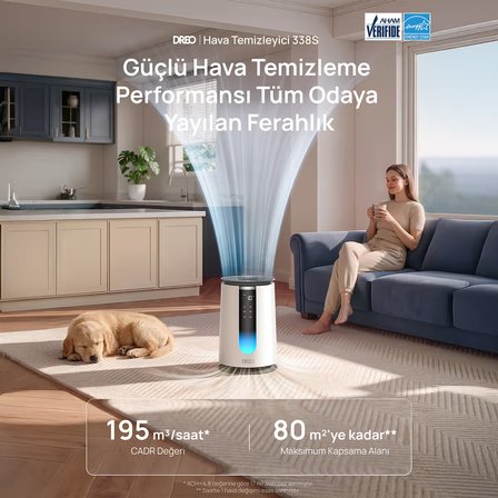 Air Purifier 338S Akıllı Hava Temizleyici, HEPA Filtre, PM2.5 Sensör, 18 dB, 80 m², RGB Işık, Aroma Pedi