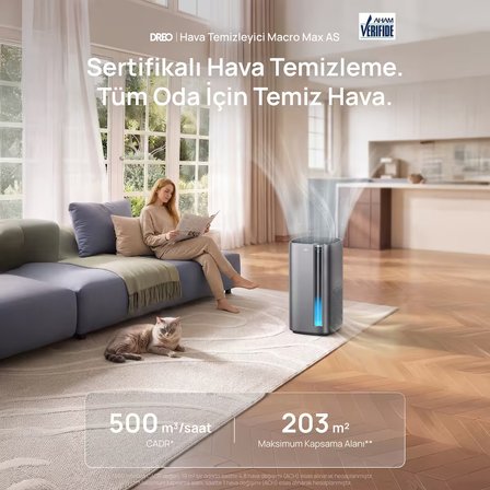 Air Purifier Macro Max S Akıllı Hava Temizleyici, HEPA Filtre, PM2.5 Sensör, 18 dB, 203 m², RGB Işık