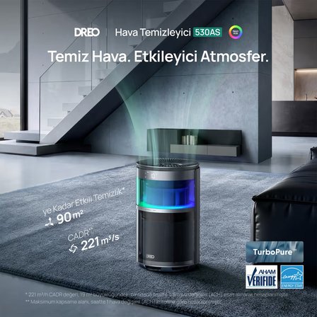 Air Purifier 530AS Akıllı Hava Temizleyici, HEPA Filtre, PM2.5 Lazer Sensör, 18 dB, 90 m², RGBIC Işık, Pet Care, App Kontrollü
