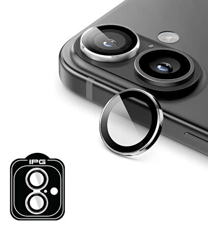iPhone 16 / 16 Plus için IPG ProLENS Kamera Lens Koruyucu Alüminyum CD Çerçeveli, Kırılmaz Cam