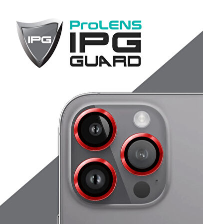 iPhone 16 Pro / Pro Max için IPG ProLENS Kamera Lens Koruyucu Alüminyum CD Çerçeveli, Kırılmaz Cam - Kırmızı