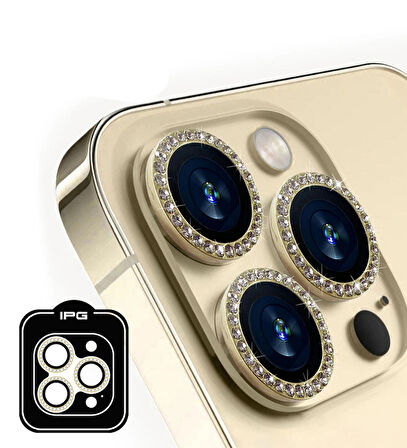 iPhone 14 Pro / Pro Max için IPG ProLENS Kamera Lens Koruyucu Elmas Taşlı Çerçeveli, Kırılmaz Cam