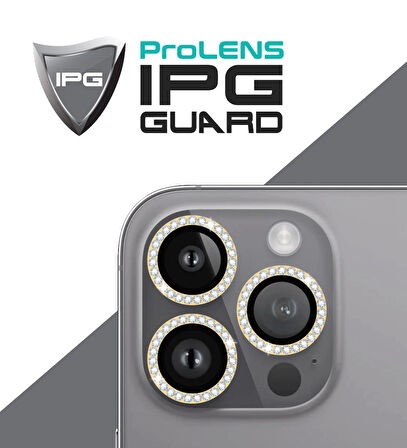 iPhone 14 Pro / Pro Max için IPG ProLENS Kamera Lens Koruyucu Elmas Taşlı Çerçeveli, Kırılmaz Cam