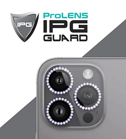 iPhone 14 Pro / Pro Max için IPG ProLENS Kamera Lens Koruyucu Elmas Taşlı Çerçeveli, Kırılmaz Cam