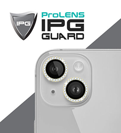 iPhone 15 / 15 Plus için IPG ProLENS Kamera Lens Koruyucu Elmas Taşlı Çerçeveli, Kırılmaz Cam