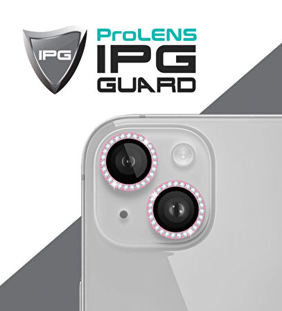 iPhone 15 / 15 Plus için IPG ProLENS Kamera Lens Koruyucu Elmas Taşlı Çerçeveli, Kırılmaz Cam