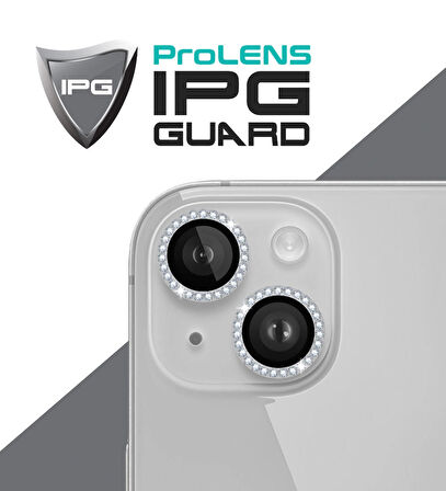 iPhone 15 / 15 Plus için IPG ProLENS Kamera Lens Koruyucu Elmas Taşlı Çerçeveli, Kırılmaz Cam