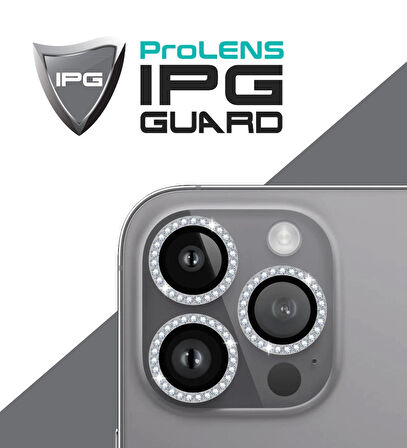 iPhone 16 Pro / Pro Max için IPG ProLENS Kamera Lens Koruyucu Elmas Taşlı Çerçeveli, Kırılmaz Cam