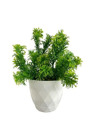 Yapay Çiçek Beyaz Saksıda Fesleğen Dekoratif Masa Çiçeği 25cm