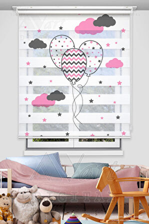 Uçan Balon Baskılı Çocuk Odası Perdesi - Pembe Gri - Dijital Baskılı Zebra Stor Perde