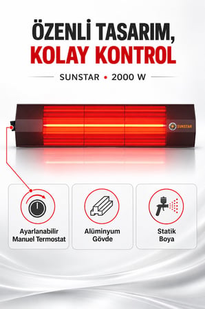 Sunstar Profesyonel 2000 W Termostatlı Halojen Isıtıcı – Ayarlanabilir Manuel Termostat, Alüminyum G