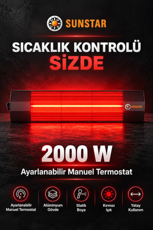 Sunstar Profesyonel 2000 W Termostatlı Halojen Isıtıcı – Ayarlanabilir Manuel Termostat, Alüminyum G