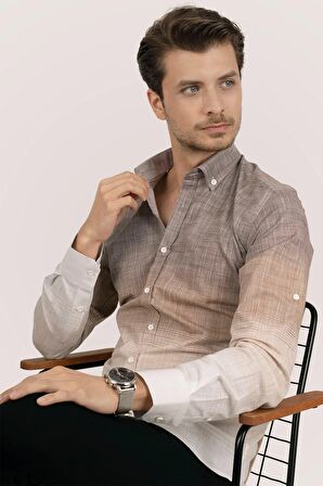 Panolu Kahve Bej Geçişli Slimfit Keten Gömlek