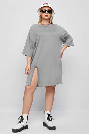 Büyük Beden Kadın Kısa Oversize Yırtmaçlı Gri Elbise 8103-301