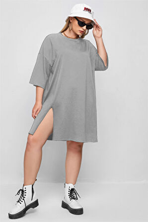 Büyük Beden Kadın Kısa Oversize Yırtmaçlı Gri Elbise 8103-301