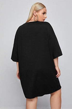 Büyük Beden Kadın Kısa Oversize Yırtmaçlı Siyah Elbise 8103-301