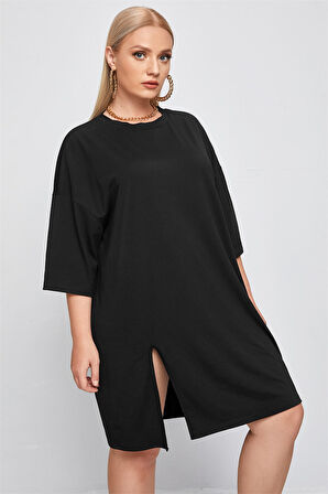 Büyük Beden Kadın Kısa Oversize Yırtmaçlı Siyah Elbise 8103-301