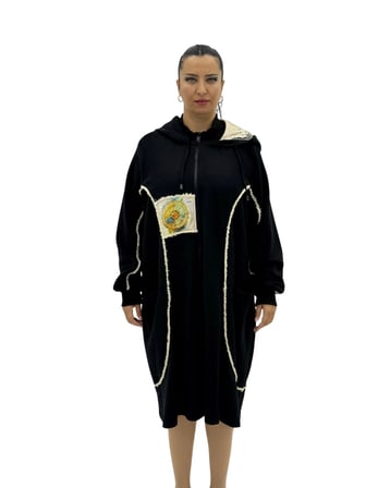 Büyük Beden Pamuklu Fermuarlı Kapüşonlu Uzun Oversize Hırka Kadın Kaban