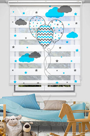 Uçan Balon Baskılı Çocuk Odası Perdesi - Mavi Gri - Dijital Baskılı Zebra Stor Perde