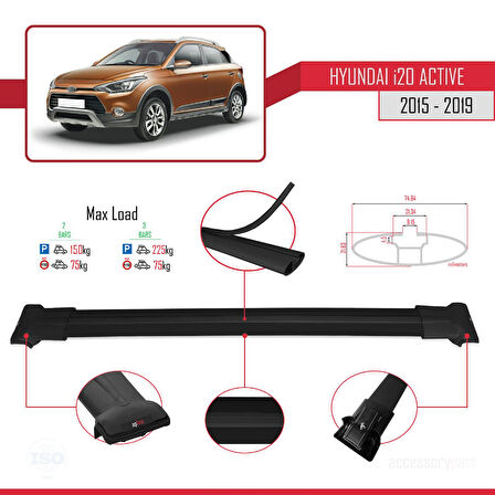 Hyundai i20 II Active 2015-2019 Arası ile Uyumlu FLY Model Ara Atkı Tavan Barı Siyah 2 Adet