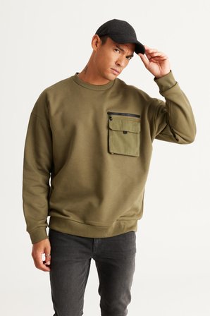 Erkek Haki Oversize Bol Kesim Içi Polarlı Iplik Bisiklet Yaka %100 Pamuk Sweatshirt