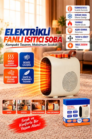 220V-240V Termostatlı Elektrikli Fanlı Isıtıcı Soba Sıcak ve Soğuk Üfleme Kompakt Taşınabilir Isıtıc
