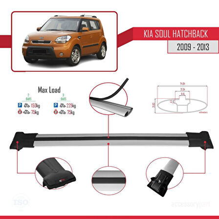 Kia Soul (AM) HB 2009-2013 Arası ile Uyumlu FLY Model Ara Atkı Tavan Barı Gri 2 Adet