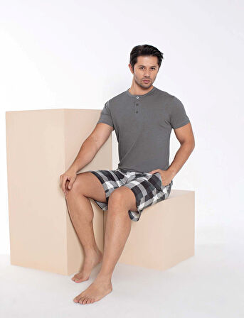 Erkek Bisiklet Yaka 3 Düğmeli Ekose Desen Modal Kısa Kol Cepli Şortlu Pijama Takımı