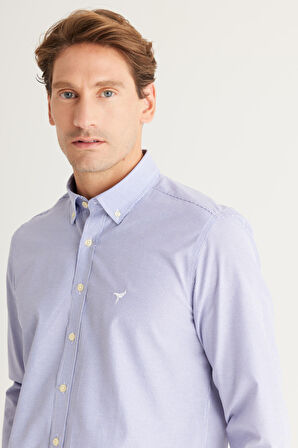 Erkek Mavi-Beyaz Slim Fit Dar Kesim Düğmeli Yaka Pamuklu Çizgili Gömlek
