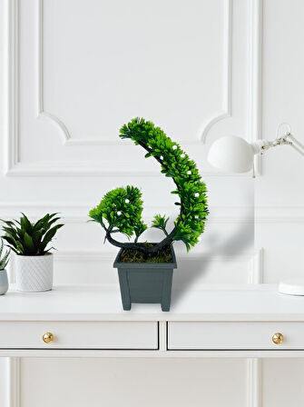 Yapay Çiçek Bonsai Ağacı Beyaz Eğik Model Dekoratif Yapay Ağaç Bonzai 30*22 CM Siyah Kare Saksıda