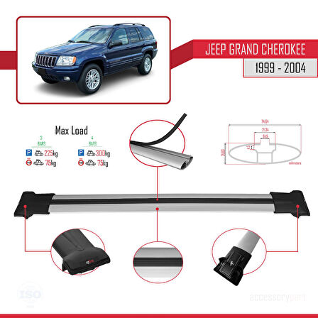 Jeep Grand Cherokee 2 (WJ) 1999-2004 Arası ile Uyumlu FLY Model Ara Atkı Tavan Barı Gri 3 Adet