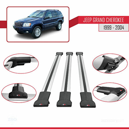 Jeep Grand Cherokee 2 (WJ) 1999-2004 Arası ile Uyumlu FLY Model Ara Atkı Tavan Barı Gri 3 Adet