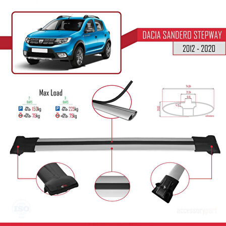 Dacia Sandero Stepway 2 2012-2020 Arası ile Uyumlu FLY Model Ara Atkı Tavan Barı Gri 2 Adet