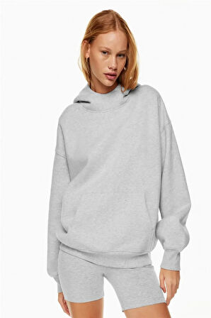 Kadın Gri Geniş Yaka Tasarım Kanguru Cepli Kapüşonlu Sweatshirt 8114-2010
