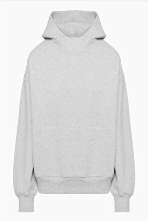 Kadın Gri Geniş Yaka Tasarım Kanguru Cepli Kapüşonlu Sweatshirt 8114-2010