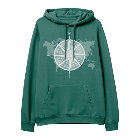 Compass Map  Baskılı Yeşil Hoodie