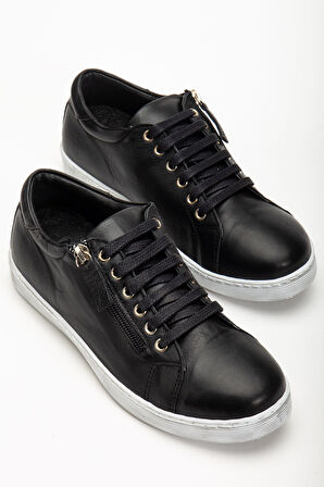 Kadın Siyah Hakiki Deri Yandan Fermuarlı Bağcıklı Spor Ayakkabı