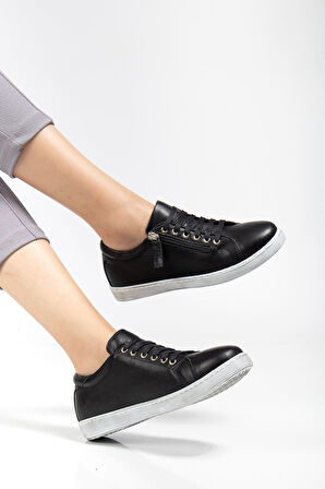 Kadın Siyah Hakiki Deri Yandan Fermuarlı Bağcıklı Spor Ayakkabı