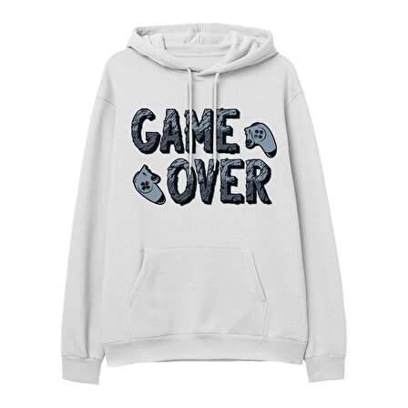 Game Over  Baskılı Beyaz Hoodie