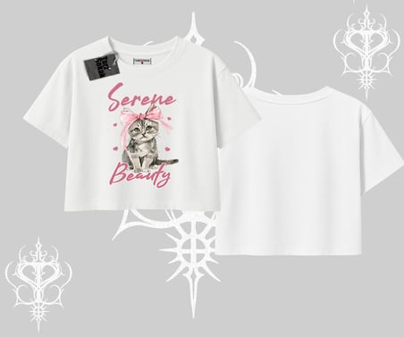 Serene Beauty Kedi Baskılı  Oversize Crop Tshirt